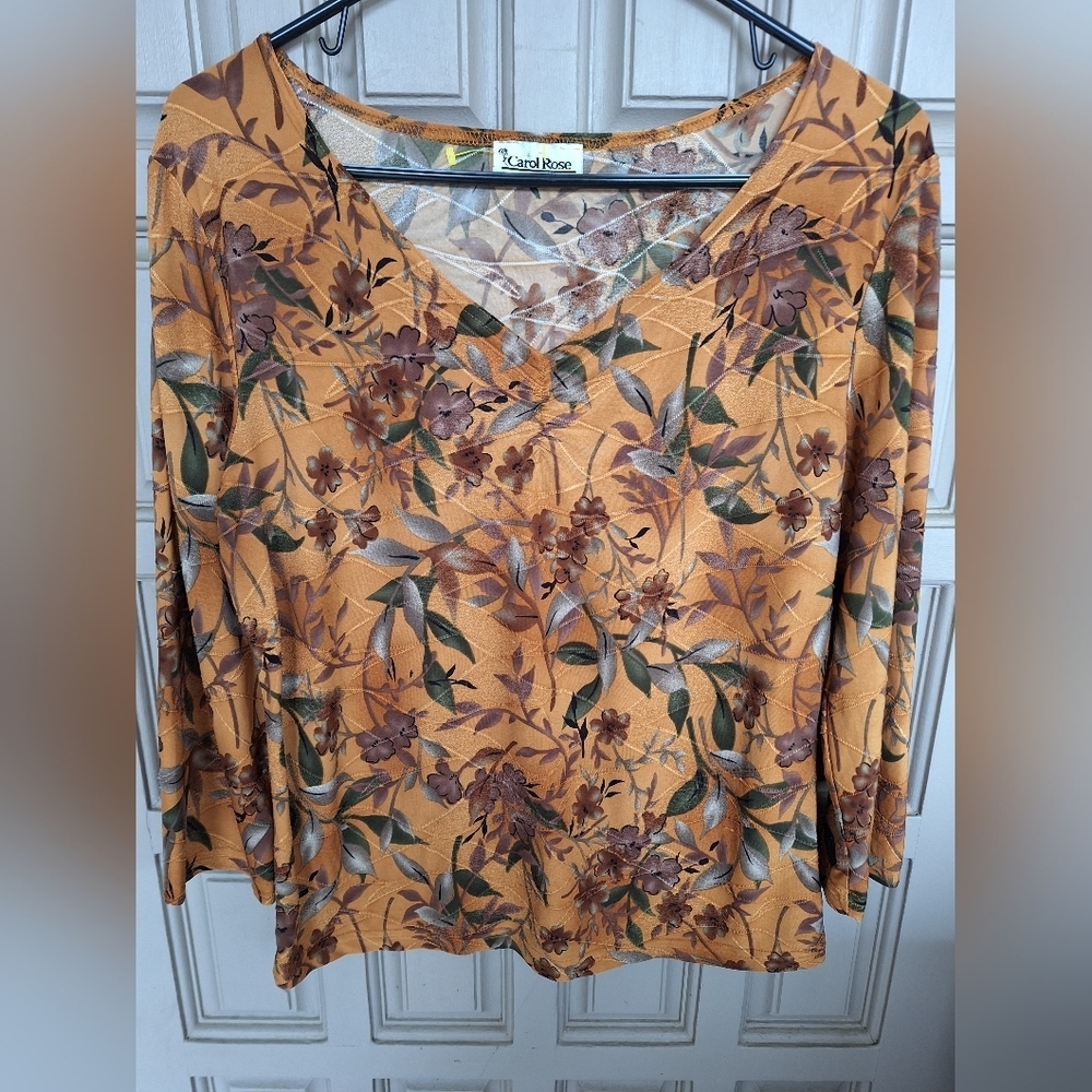 Carol Rose SzL Floral V-Neck Top - Pretty Mustard and Brown 3/4 Sleeves Stretchy